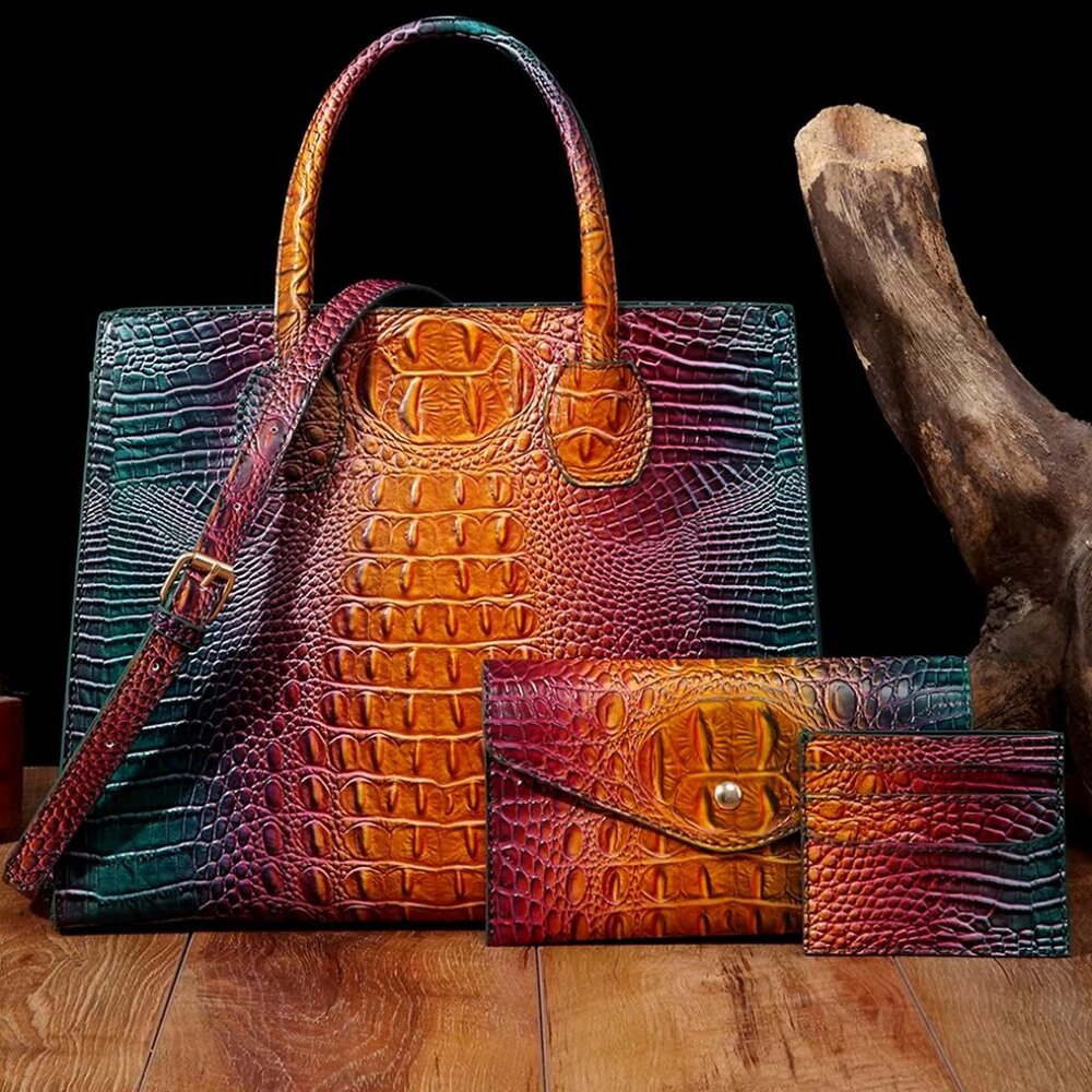 Multi-Color Faux Croc Print Tote Bag
